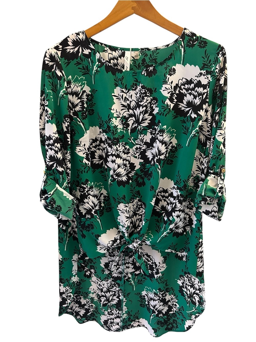 NY Collection Black, White & Green Floral Blouse High Low Blouse Tie Front L